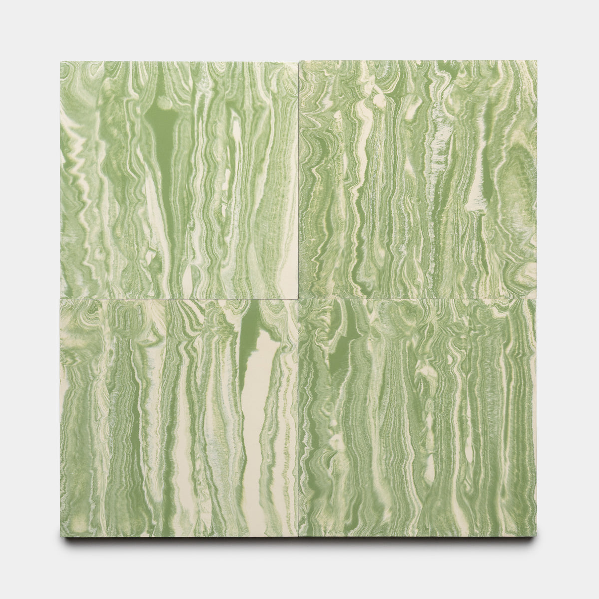 Four River Olivine + Bone 8x8 tiles by Zia Tile, featuring a green and white marbled pattern, are arranged in a 2x2 grid on a white background. The swirling design evokes flowing water or natural stone veins.