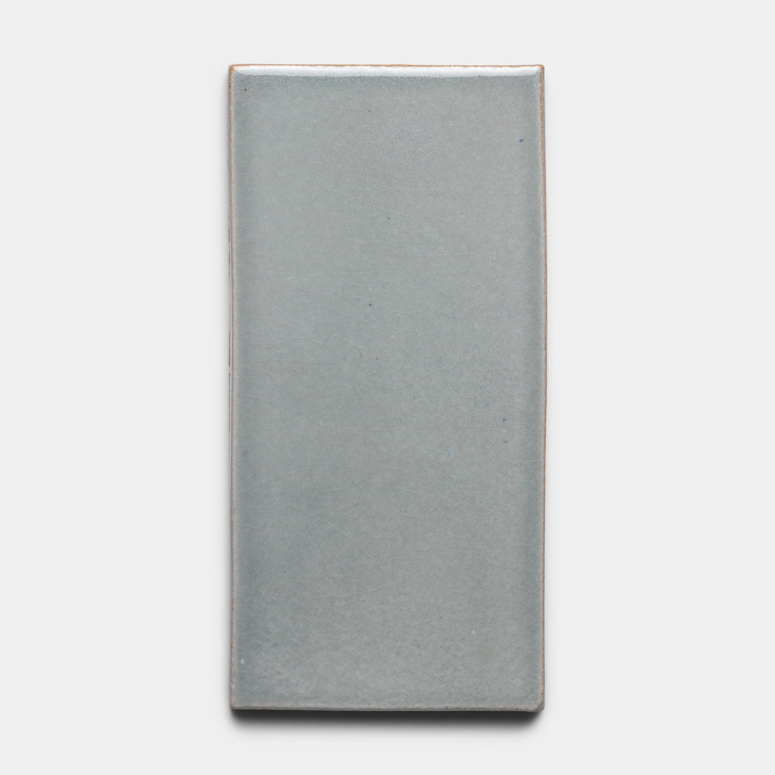 A single Roca 4x8 Rectangle tile by Zia Tile, featuring a light gray, smooth, slightly glossy ceramic surface, set against a plain white background.