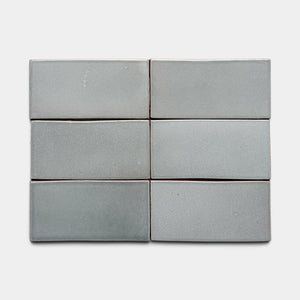 Six Roca 4x8 Rectangle ceramic tiles by Zia Tile, light gray with a smooth matte finish and subtle tonal variation, are arranged in two rows of three on a plain background.