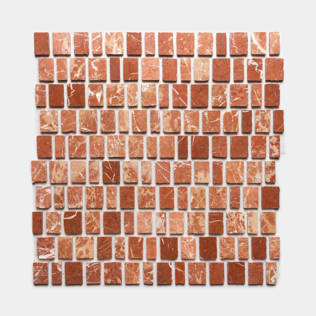Scarpa in Rosso Alicante by Zia Tile features a square mosaic tile sheet with alternating reddish-brown and marbled tiles arranged in a grid pattern on a white background.