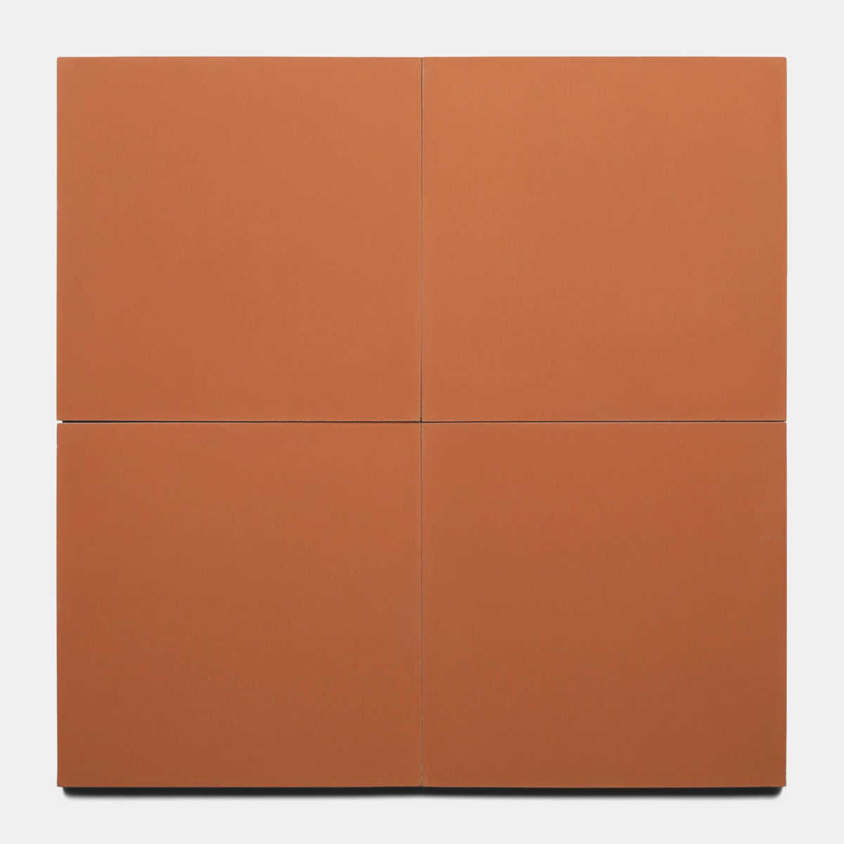 Four Rust 8x8 tiles by Zia Tile, with a smooth matte finish, are arranged in a larger square and separated by thin lines. Set against a plain white background.