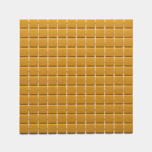 A sample of Zia Tile's Rye 1x1 tiles, featuring small rectangular yellow pieces arranged in a grid on a white background.