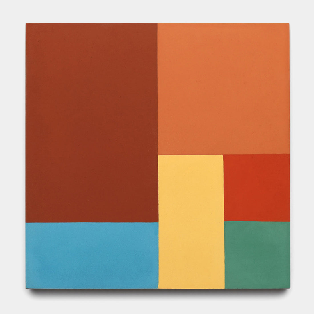 The Samba Canyon 8x8 by Zia Tile is a square canvas with geometric rectangles in burnt orange, dark red, light blue, green, yellow, and bright red, arranged in a grid reminiscent of colorful handmade tile.