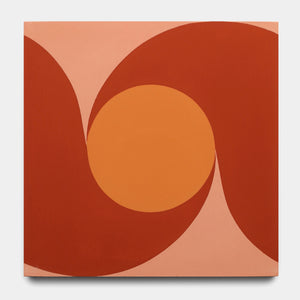 The San Juan Delta Moon 8x8 by Zia Tile features abstract art with a large orange circle centered on a square, surrounded by wavy red and peach forms, evoking vibrant San Juan cement tiles on a soft pink backdrop.