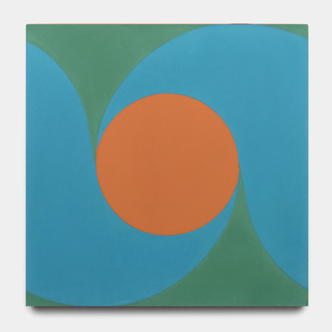 Inspired by San Juan Emerald 8x8 by Zia Tile, this geometric abstract art features a bold orange circle with overlapping blue curves on a green background, echoing the intricate patterns of cement tiles.