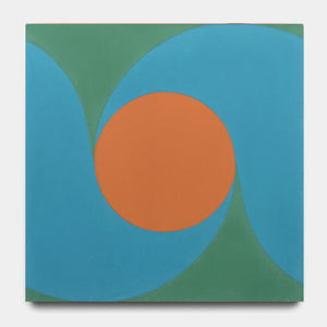 Inspired by San Juan Emerald 8x8 by Zia Tile, this geometric abstract art features a bold orange circle with overlapping blue curves on a green background, echoing the intricate patterns of cement tiles.