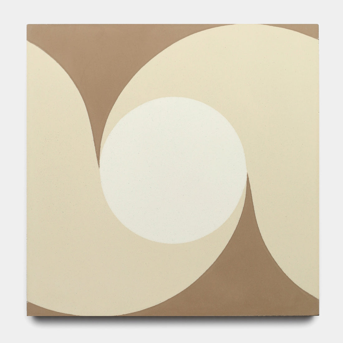 The San Juan Taupe 8x8 by Zia Tile features a geometric abstract design with interlocking curves in beige, off-white, and light brown, evoking cement tiles often seen in chic kitchen backsplashes on a square canvas.