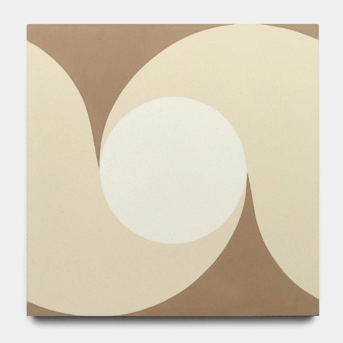 The San Juan Taupe 8x8 by Zia Tile features a geometric abstract design with interlocking curves in beige, off-white, and light brown, evoking cement tiles often seen in chic kitchen backsplashes on a square canvas.