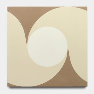 The San Juan Taupe 8x8 by Zia Tile features a geometric abstract design with interlocking curves in beige, off-white, and light brown, evoking cement tiles often seen in chic kitchen backsplashes on a square canvas.