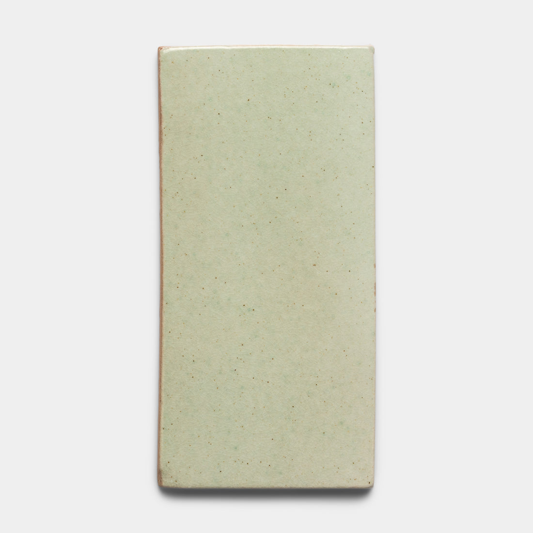 The Sayulita 4x8 Rectangle by Zia Tile is a single rectangular, light green ceramic tile with a smooth, slightly speckled surface, displayed against a plain white background.