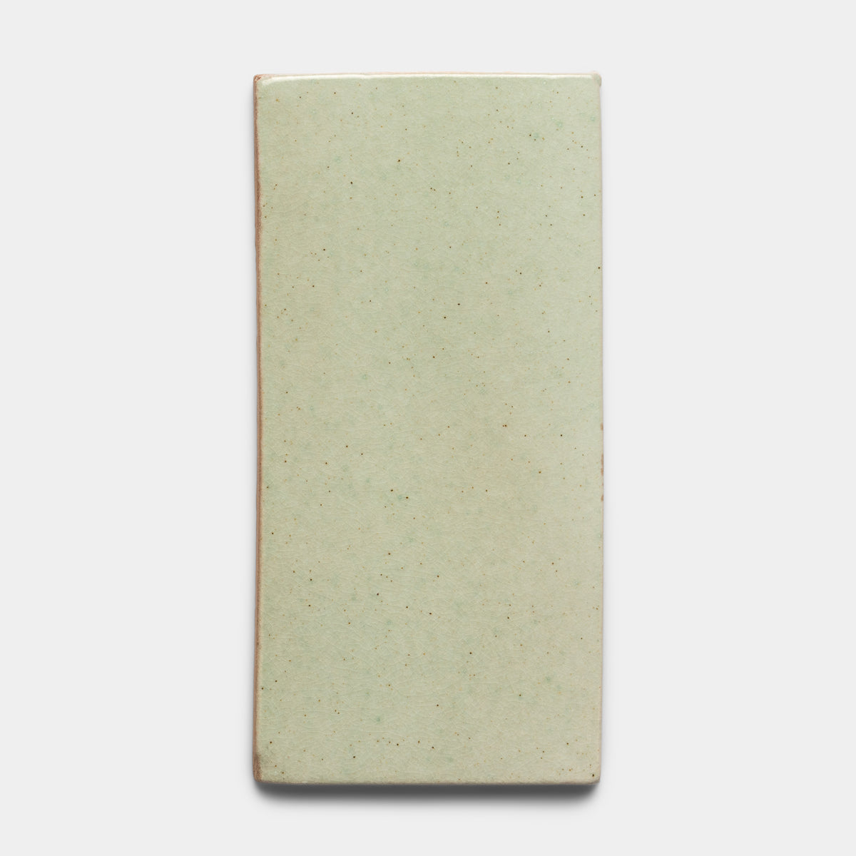 The Sayulita 4x8 Rectangle by Zia Tile is a single rectangular, light green ceramic tile with a smooth, slightly speckled surface, displayed against a plain white background.