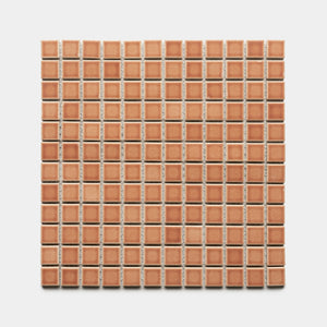 A square sheet of Zia Tile's Sepia 1x1 small, evenly spaced brown ceramic tiles is arranged in a grid pattern on a white background.