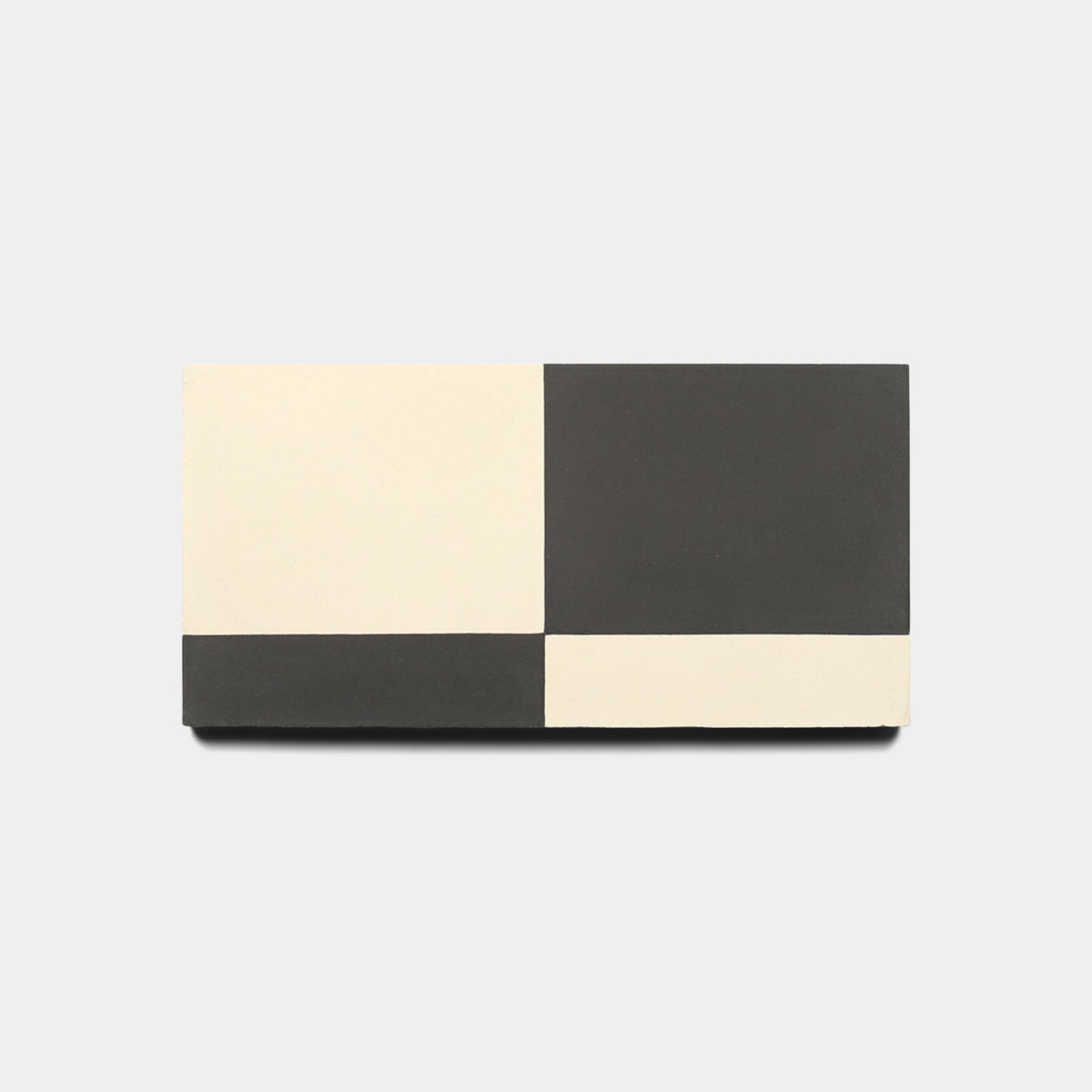The Zia Tile Sidecar Black 4x8 sample features a geometric rectangle with cream in the top left and bottom right quadrants, black in the other corners, and a light gray background.