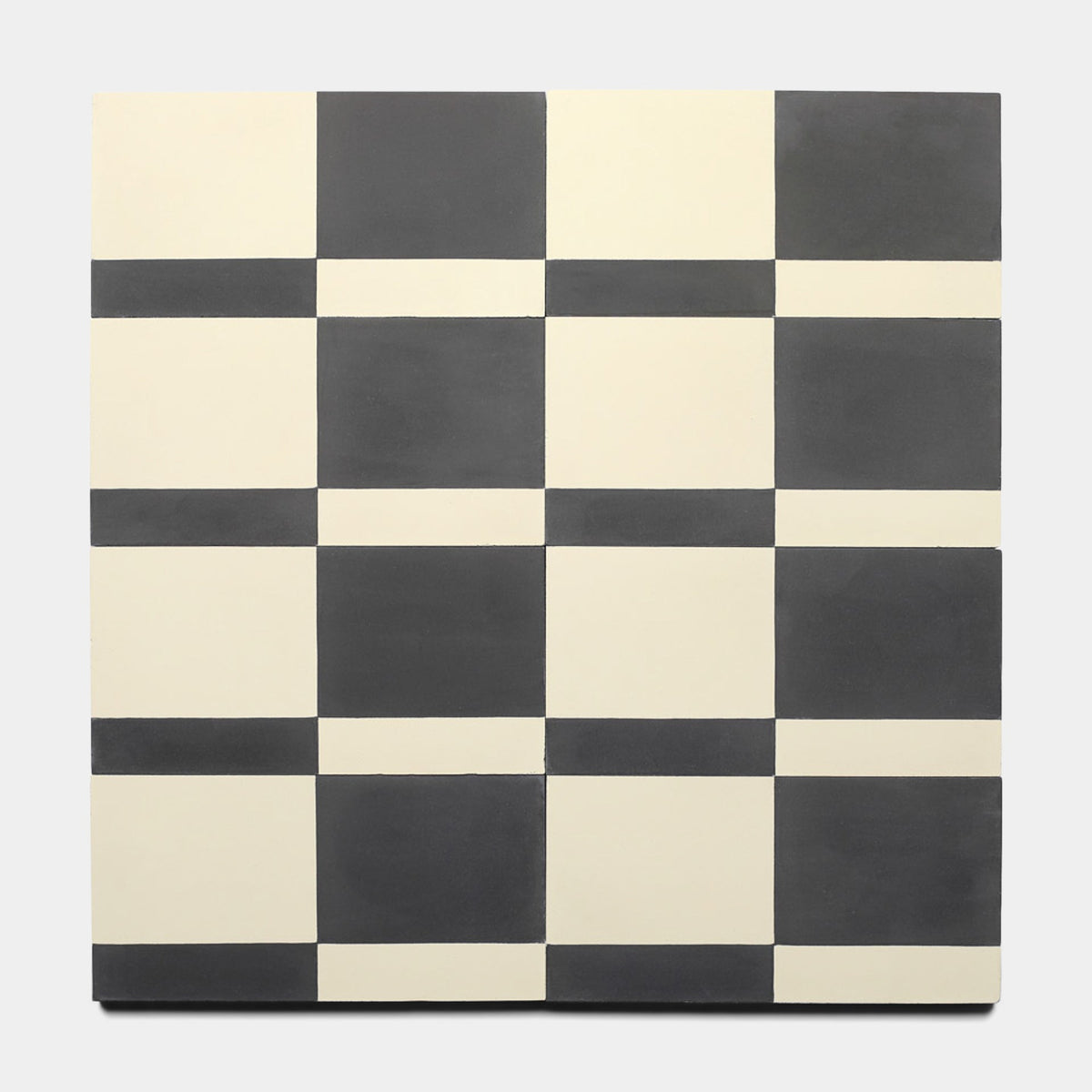 A Zia Tile Sidecar Black 4x8 sample forms a 5x5 grid canvas, alternating black and Sidecar Black squares in a simple checkerboard pattern.