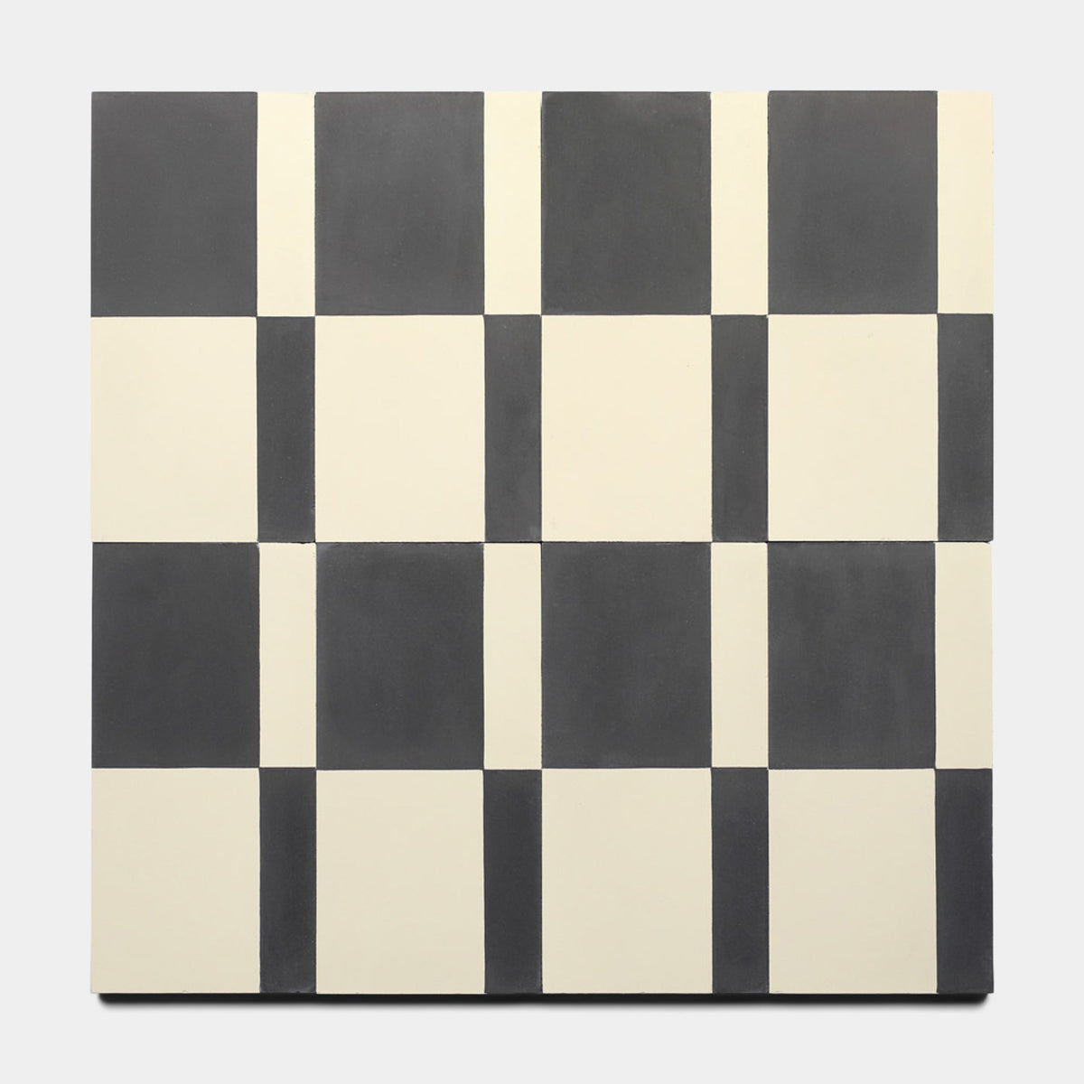 A checkerboard grid artwork with alternating Sidecar Black 4x8 Sample (by Zia Tile) and off-white squares, arranged in a 5x5 layout reminiscent of Sidecar tile, on a light gray background.