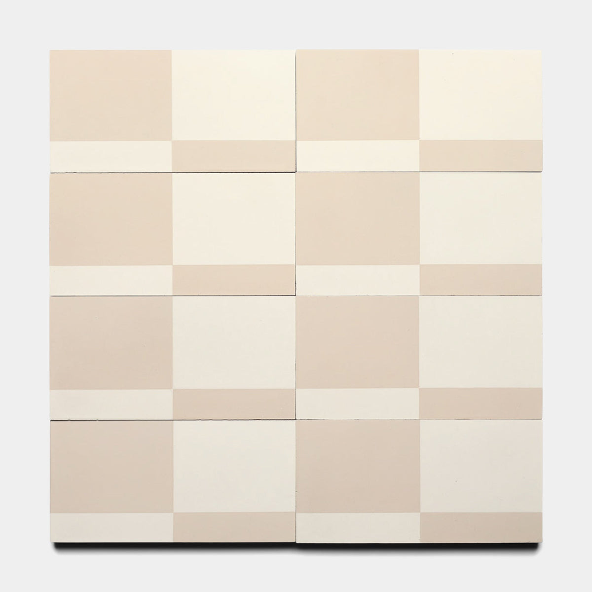 A 3x4 grid of twelve Sidecar Dune 4x8 samples from Zia Tile, each tile displaying a minimalist beige, cream, and off-white geometric pattern for a subtle checkerboard effect.