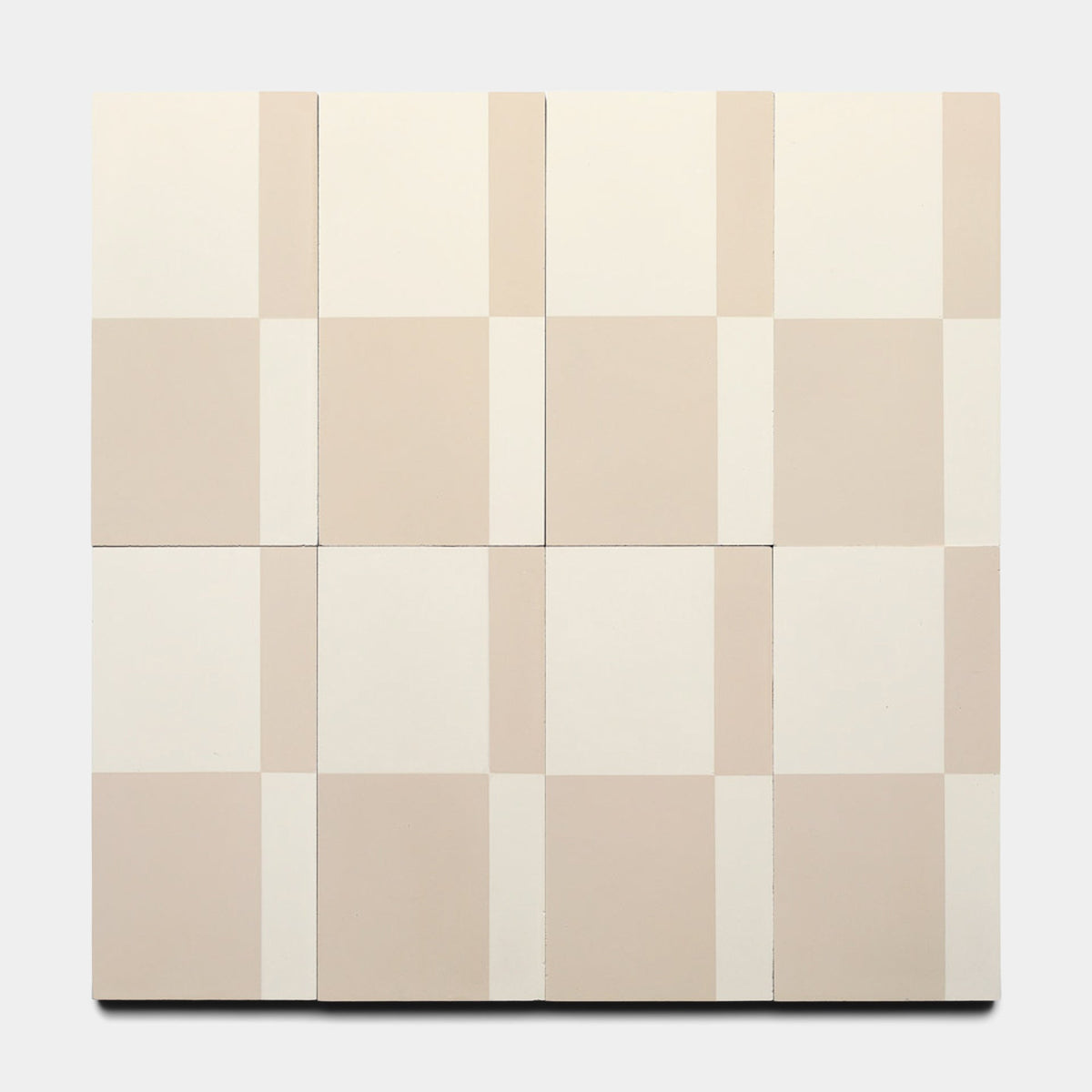 A square artwork showcases a grid of nine small squares inspired by Zia Tile's Sidecar Dune 4x8, Sample, with beige and off-white geometric shapes forming a minimalist checkerboard on a light gray background.