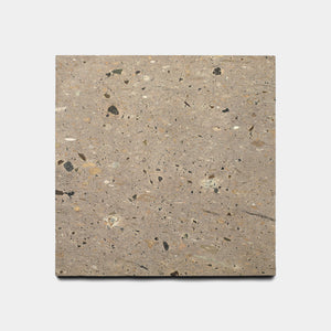 The Sierra 12x12 by Zia Tile is a square Mexican Cantera tile, featuring a light brown base with dark and light speckles for a terrazzo-like look, crafted from natural volcanic stone and shown on a plain white background.