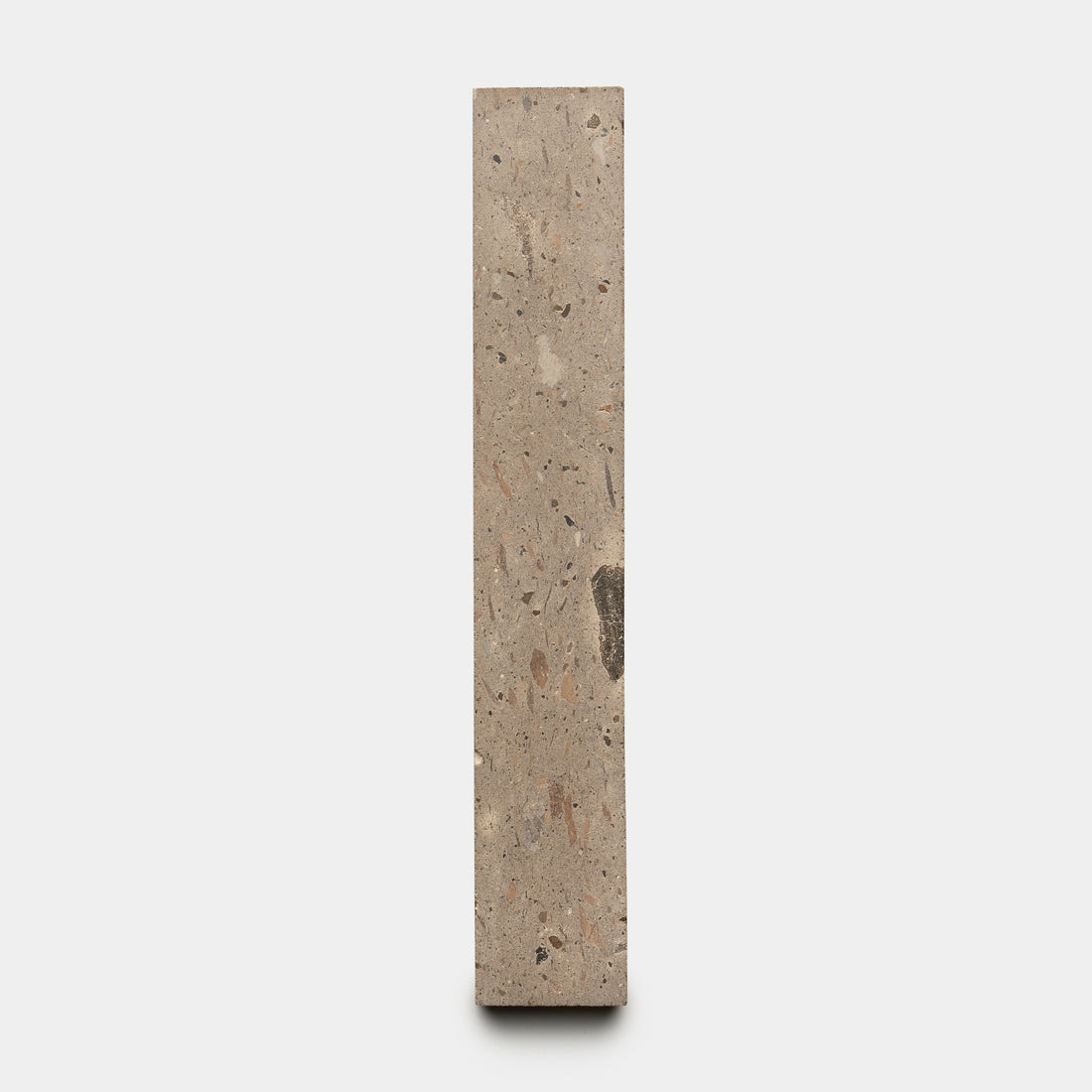 The Sierra 2x12 by Zia Tile is a single rectangular concrete brick, upright against a plain white background, featuring small specks and textures characteristic of quality construction materials.