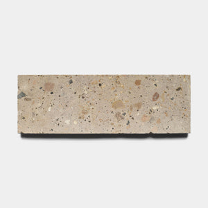The Sierra 4x12 by Zia Tile is a rectangular beige Cantera stone tile crafted from natural volcanic stone with small multicolored chips embedded on its surface, displayed against a plain white background.