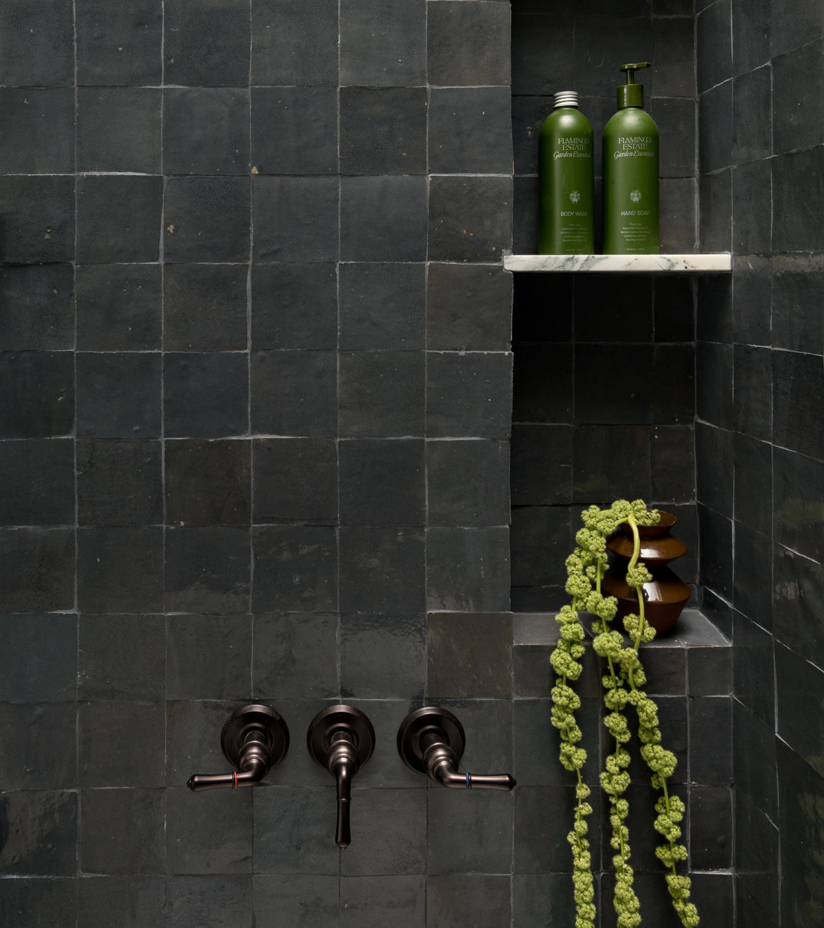 A dark grey wall of Graphite Grey 4x4 zellige tiles featuring recessed shelving with two bottles of body care products and a decorative plant, positioned alongside three metal shower controls.