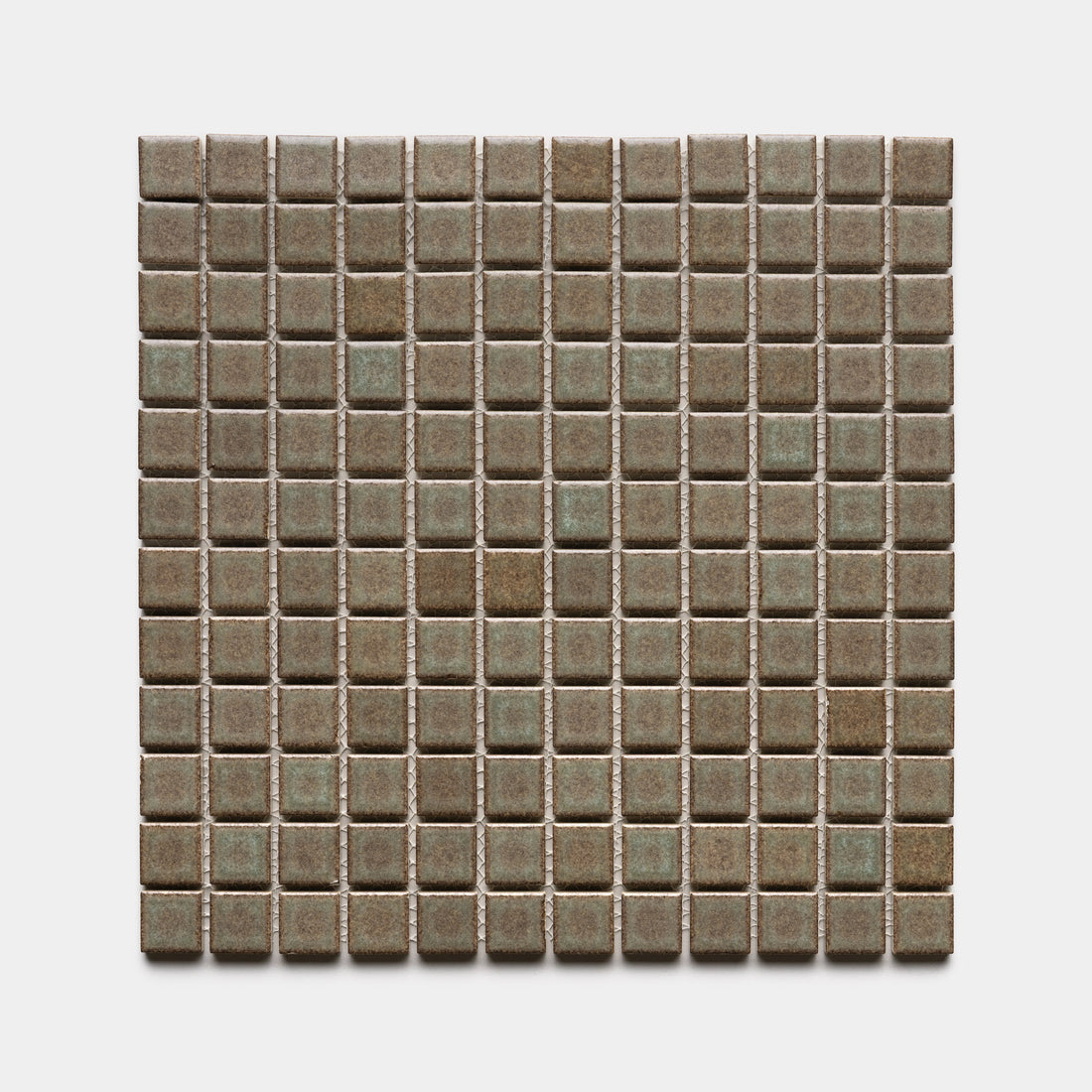 The Spanish Moss 1x1 by Zia Tile features small, square ceramic tiles in brown and olive green, arranged in an even grid on a white background.