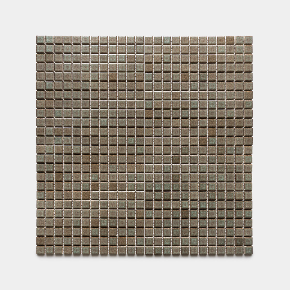 The Spanish Moss 1x1 by Zia Tile features a rectangular grid of uniform, small square brown and gray mosaic tiles with a slightly reflective finish, evenly arranged against a plain white background.