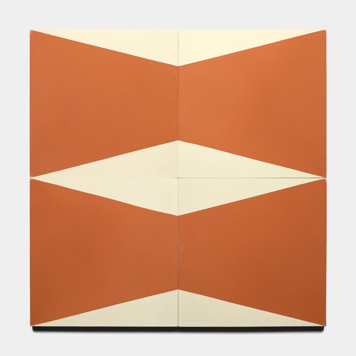 Four Sparrow Rust 8x8 tiles by Zia Tile are arranged in a grid, featuring cream and rust geometric patterns that create mirrored hourglass designs across the sample.
