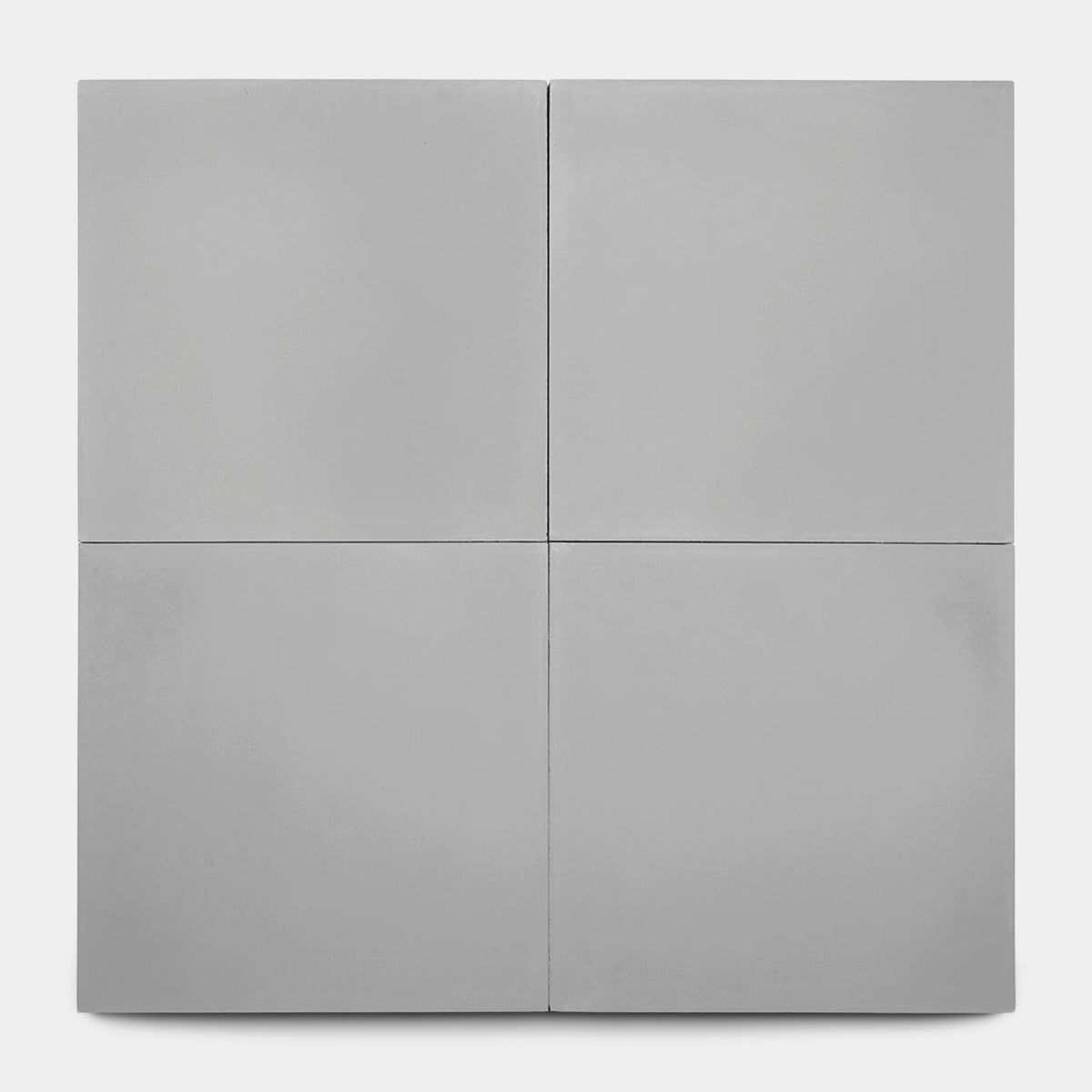A minimalist artwork featuring four Steel 4x4, Sample tiles by Zia Tile in light gray, arranged in a two-by-two grid with subtle shadows highlighting the handmade separations between each tile.