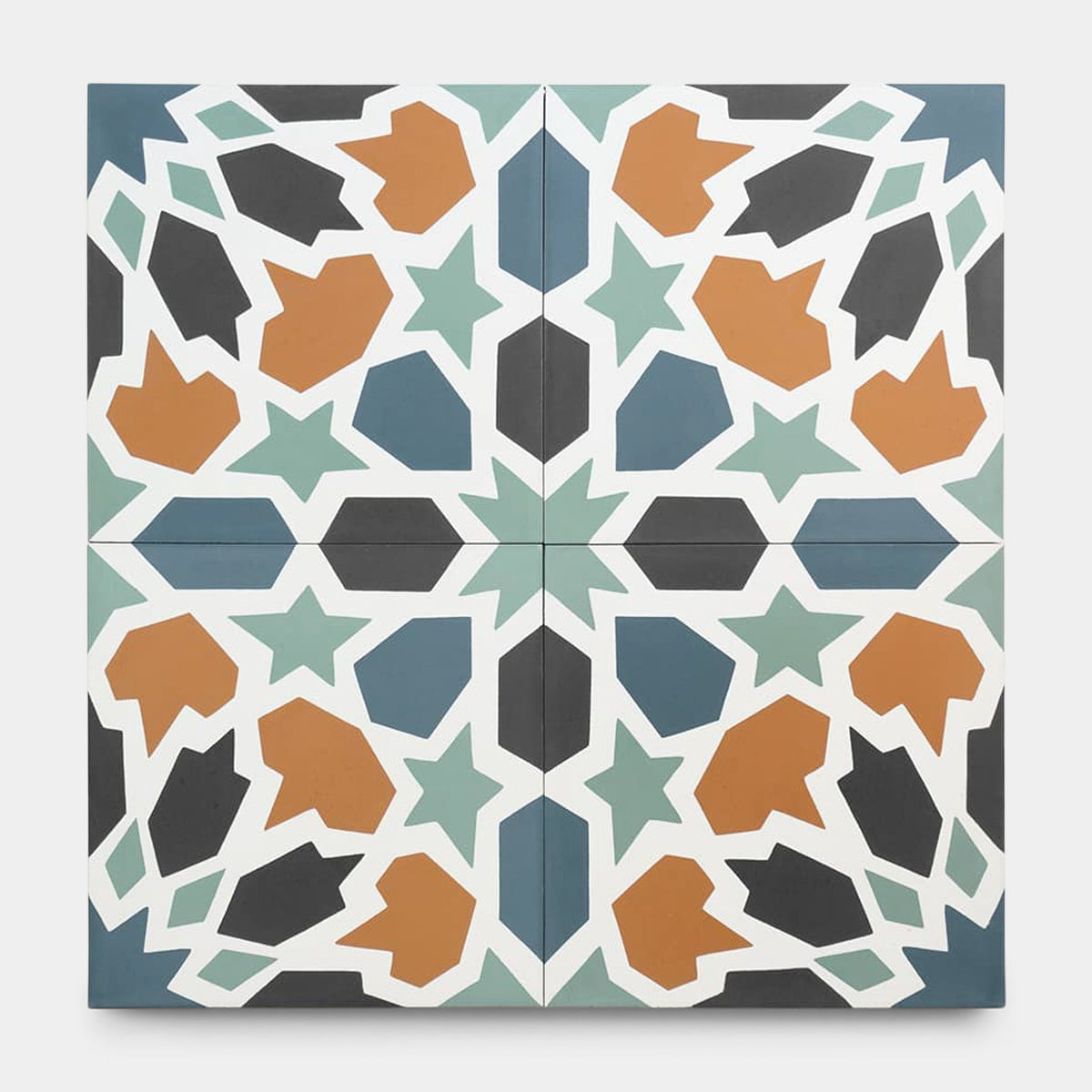 Four Tangier 8x8 sample tiles arranged in a square, featuring geometric, symmetrical patterns in teal, rust orange, black, and white—capturing the timeless elegance and Moorish-inspired style of vendor-unknown cement tile.