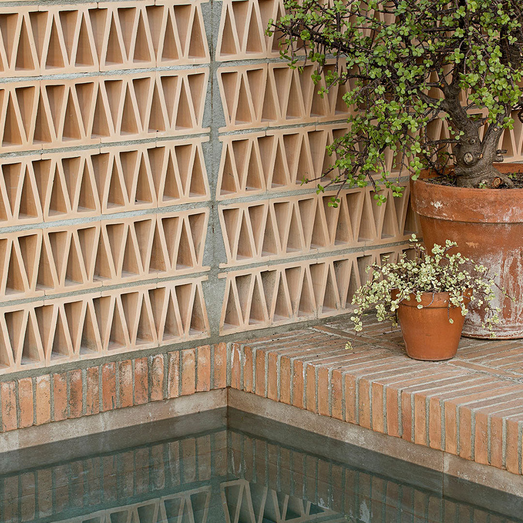 A decorative brick wall with triangular openings, featuring Iso + Buff Earth accents by Zia Tile, stands beside a small pool. Two potted plants, one large and one small, sit on the brick ledge near the water.