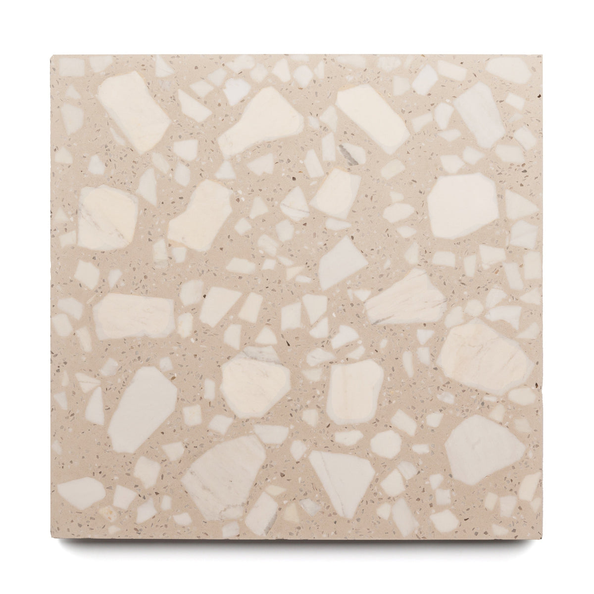 A square Gemini 6x6 sample by Zia Tile, featuring beige terrazzo with irregular white stone fragments on a light tan background, is shown against a white surface.