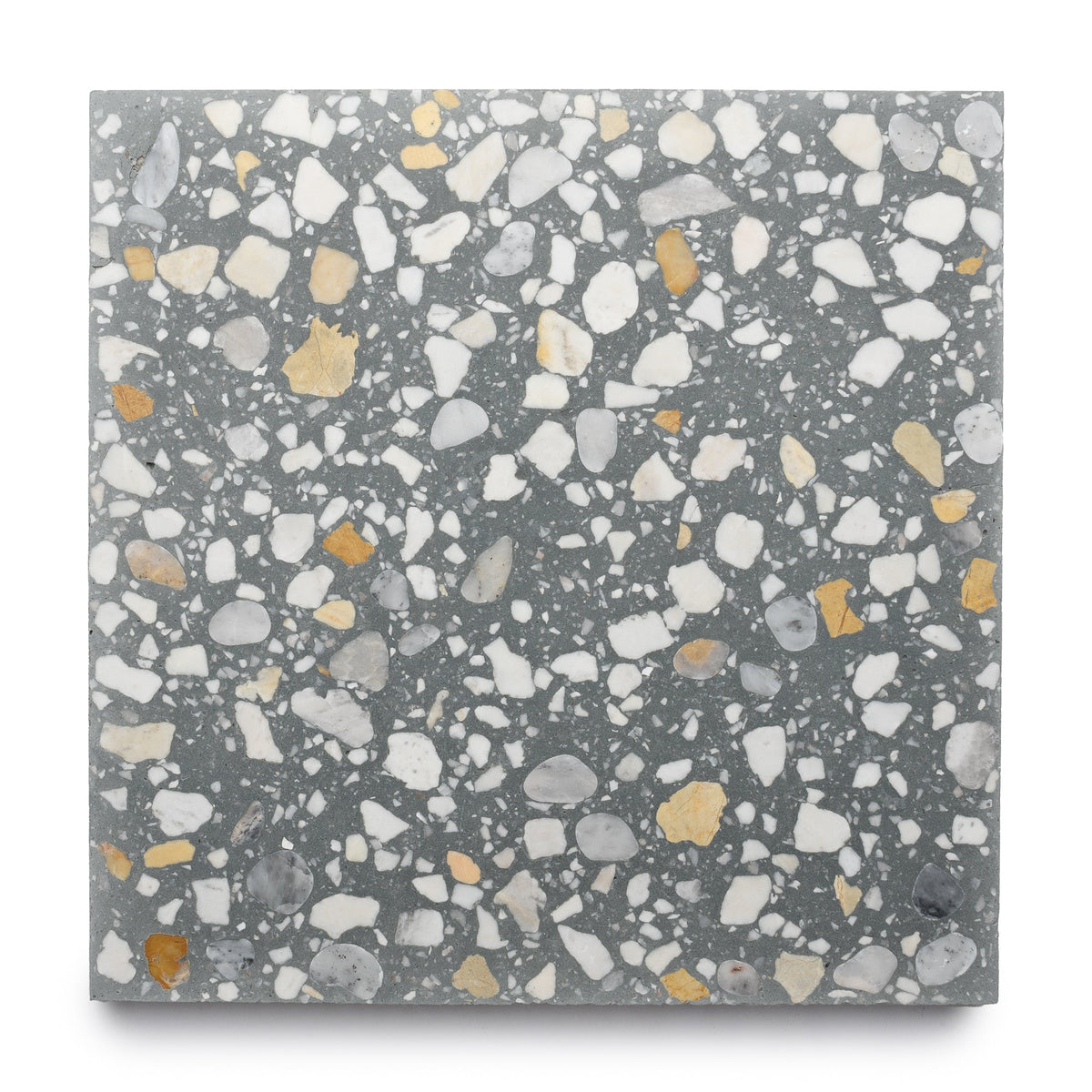 The Andromeda 12x12 cement tile by Zia Tile features a gray base with irregular white, gray, and gold stone chips scattered throughout, creating a classic terrazzo look.