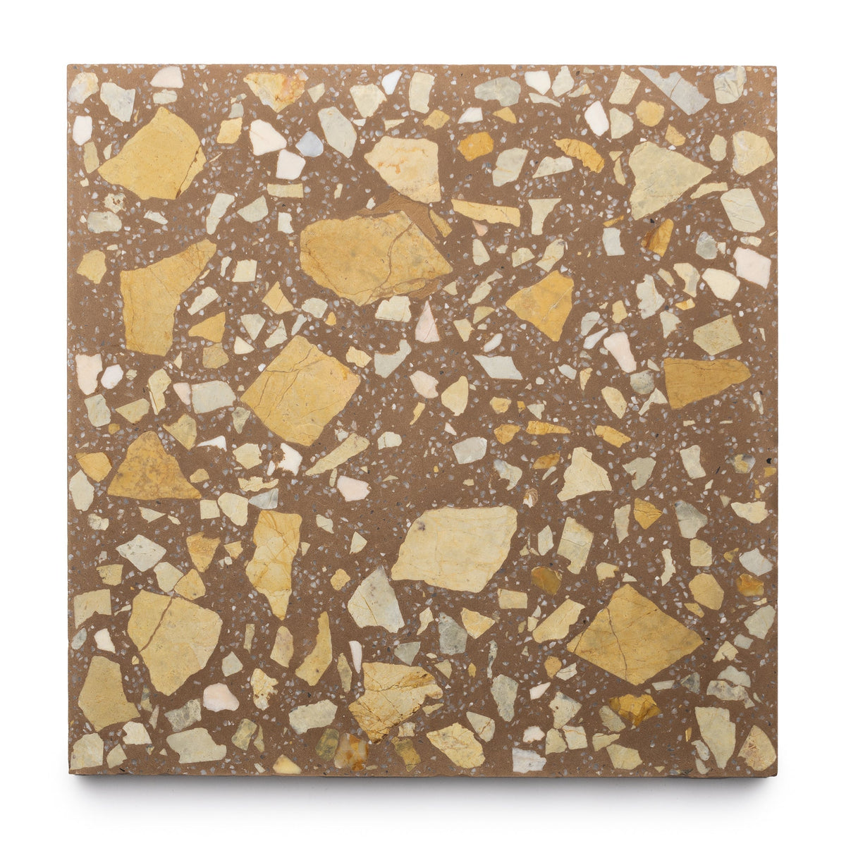 The Jacinto 12x12 by Zia Tile is a square terrazzo cement tile with a brown base and large, irregular yellow and beige fragments—perfect for creating a speckled, textured look on cement floors or stylish kitchen backsplashes.