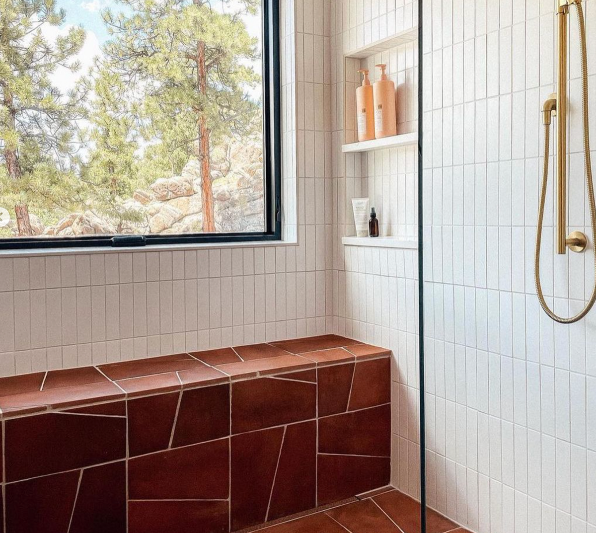 A modern bathroom with a brown tiled bench, white tiled walls, a glass shower with gold fixtures, built-in shelves with bottles, and a large window showing pine trees and rocks outside.