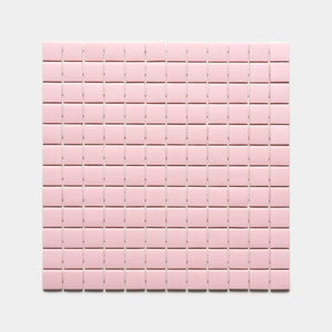 A square grid of Tulip 1x1 light pink tiles by Zia Tile is arranged evenly on a flat white background.
