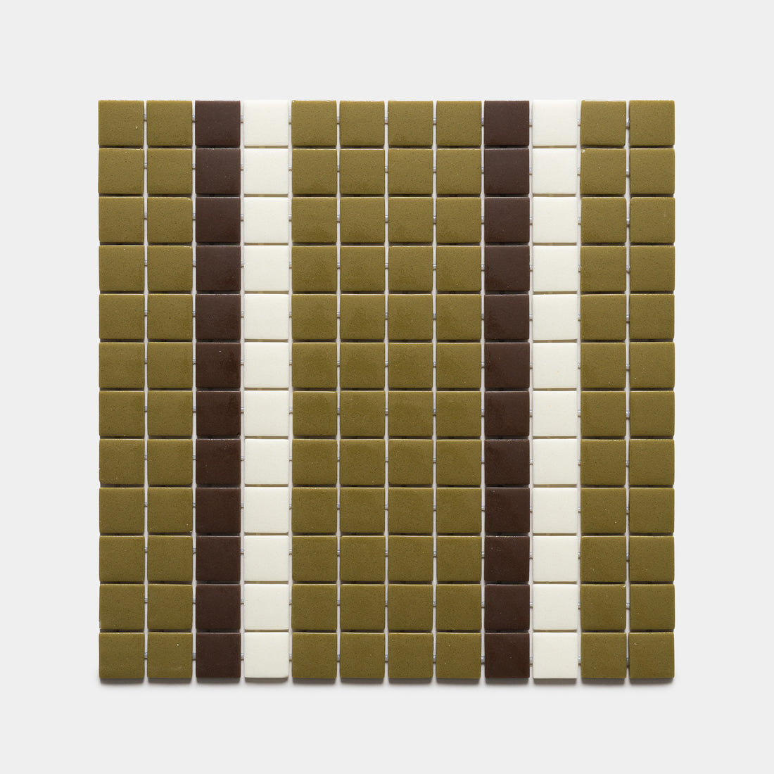 The Union Lichen + Marmot + Milk, Sample by Zia Tile features small square tiles arranged in vertical stripes of olive green, brown, and white on a light background for a striking striped pattern.