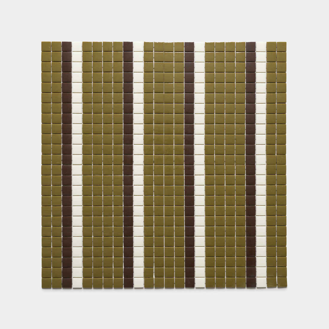 A grid of small square Zia Tile "Union Lichen + Marmot + Milk" tiles in olive green, brown, and white forms vertical stripes on a white background.