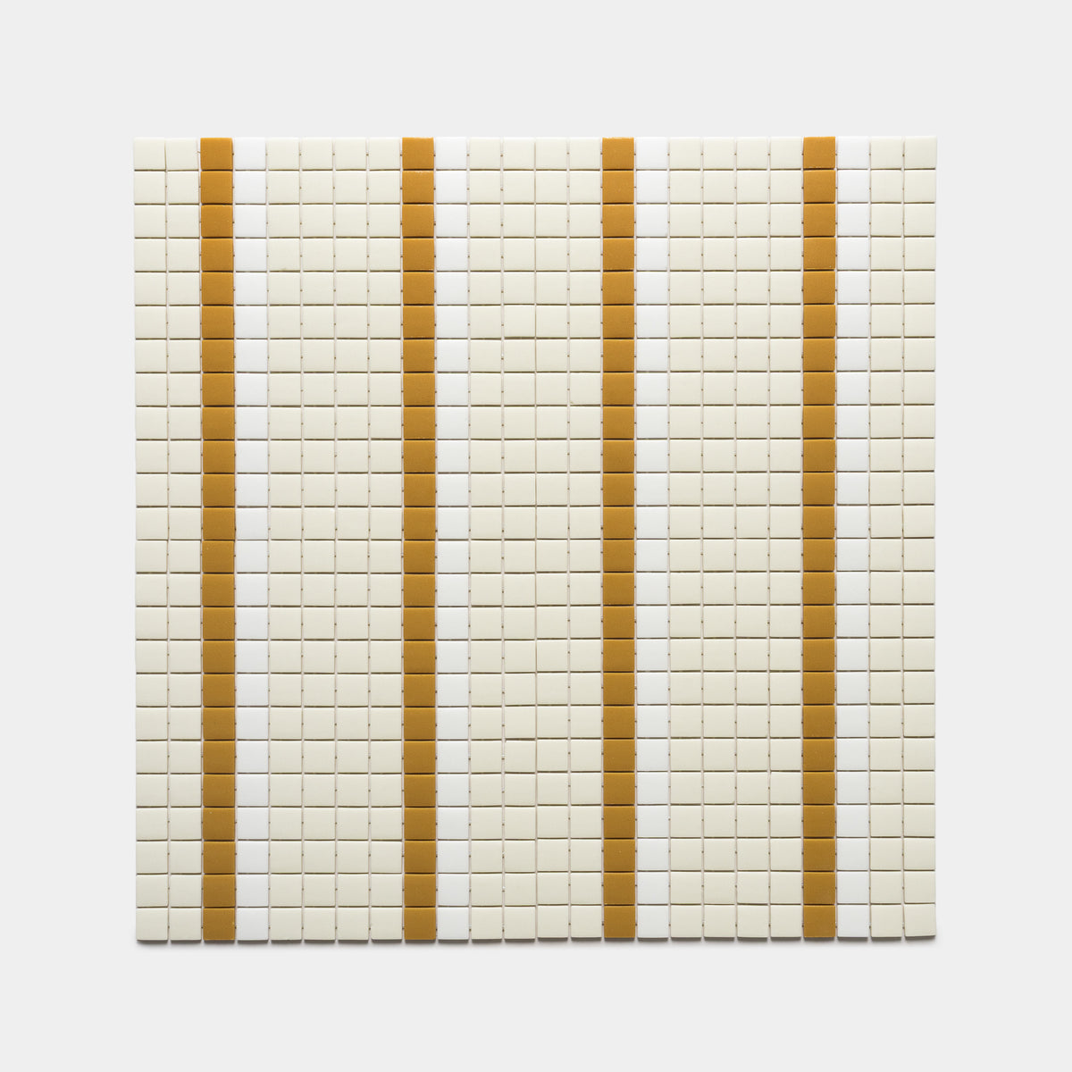 Union Milk + Rye + Paperwhite by Zia Tile features a square grid of small cream tiles with four vertical tan stripes on a light gray background.