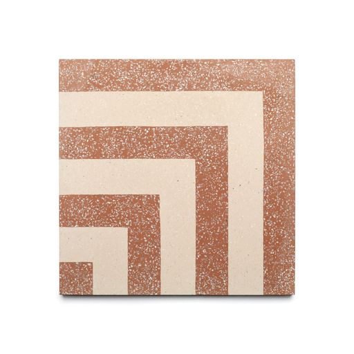 A Vesper Rust 12x12 sample tile by Zia Tile features a geometric pattern of alternating speckled Vesper Rust and off-white bands forming concentric right angles from the bottom left, shown on a white background.