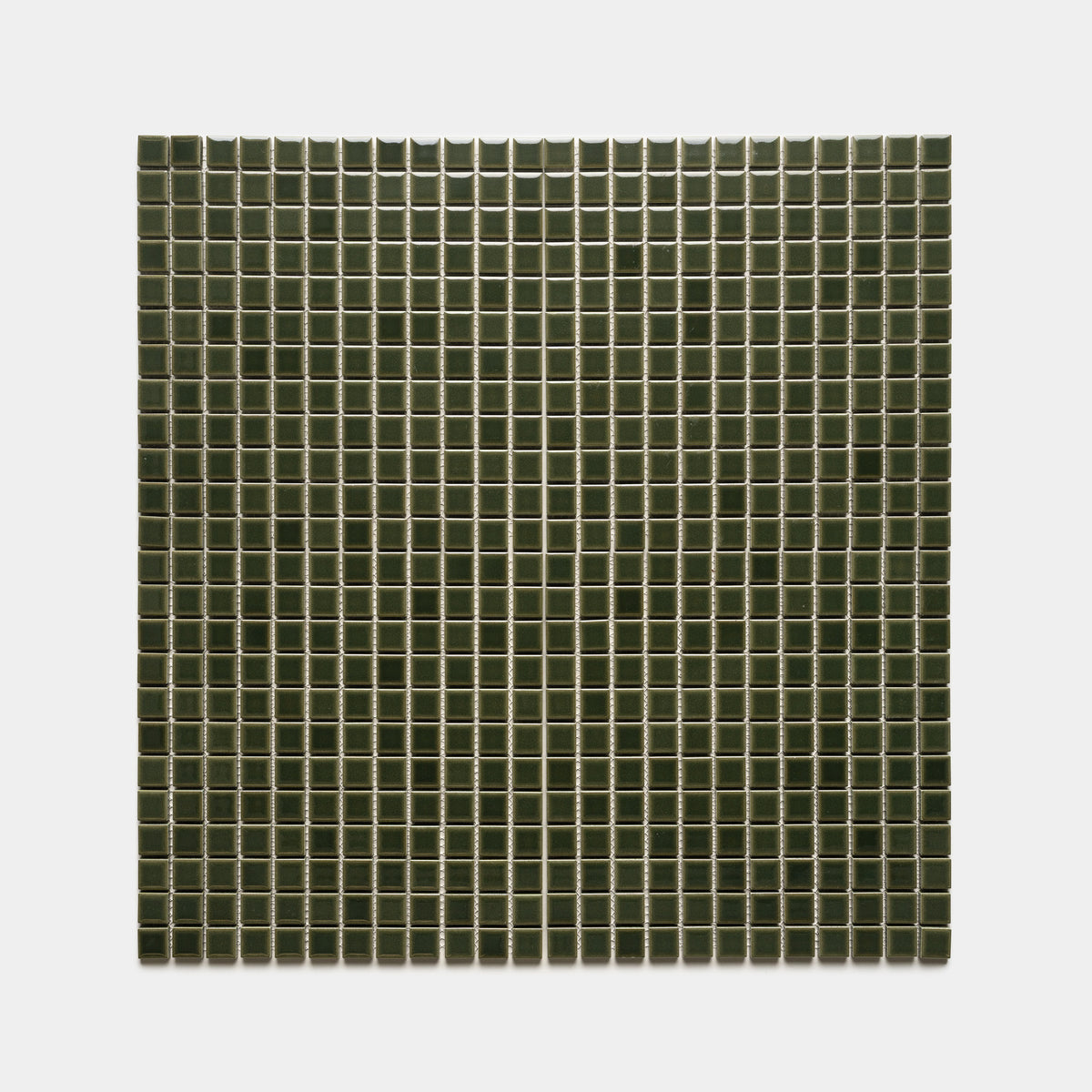A square grid of Zia Tile Vetiver 1x1 glossy dark green tiles is arranged evenly on a plain white background.
