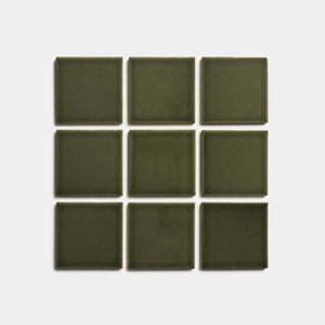 Nine Vetiver 4x4 olive green tiles by Zia Tile, arranged in a 3x3 grid on a plain white background.