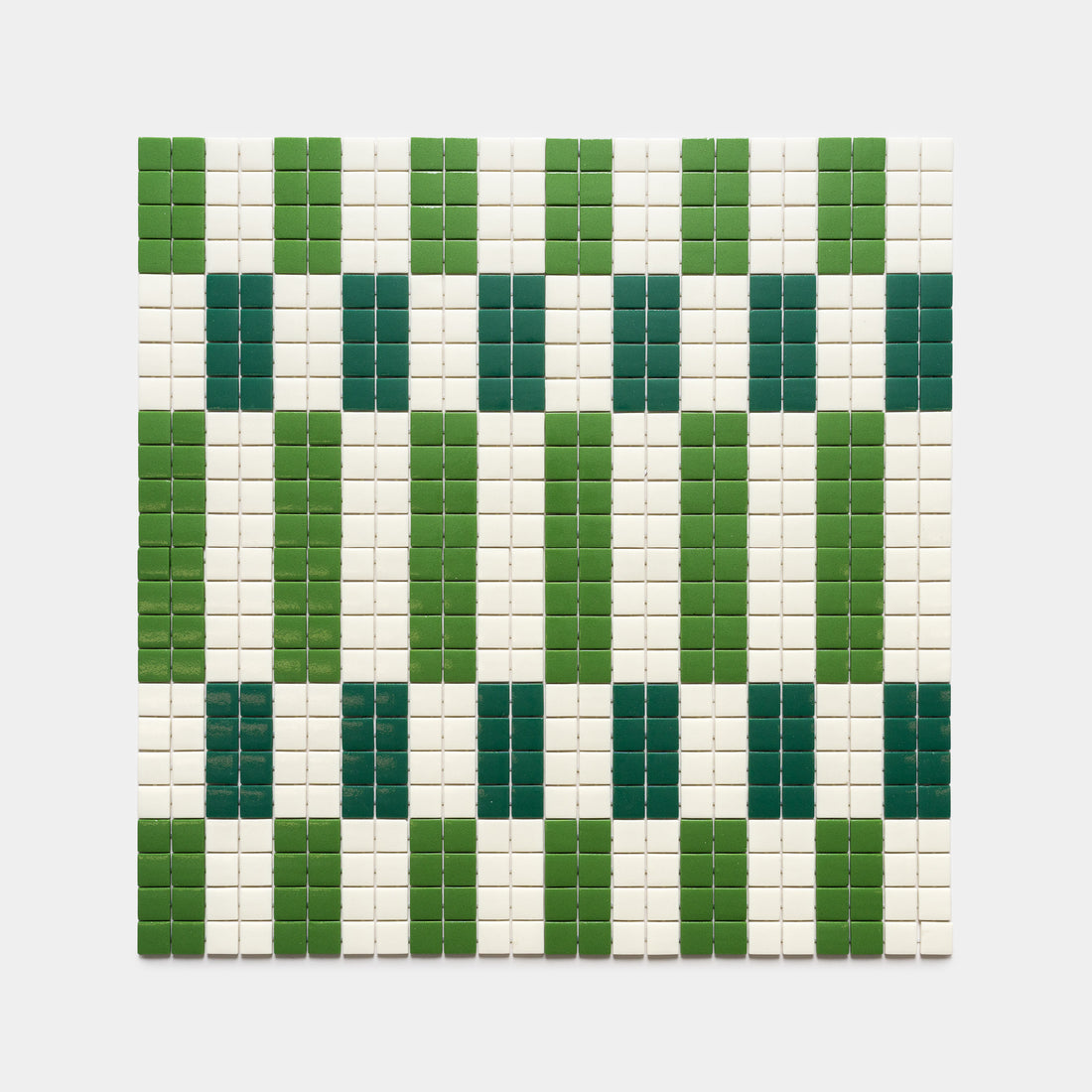 The d'Orsay Clover + Milk + Jasper by Zia Tile is a square tile mosaic with vertical and horizontal green and white stripes, forming a striking geometric pattern.