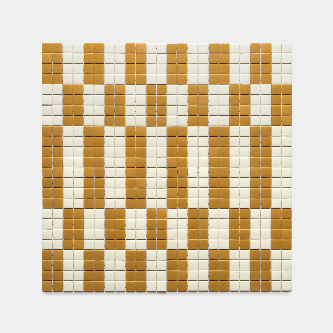 The d'Orsay Rye + Milk tile by Zia Tile features a square grid of white and brown tiles forming a geometric pattern with alternating vertical and horizontal brown stripes on a white background.