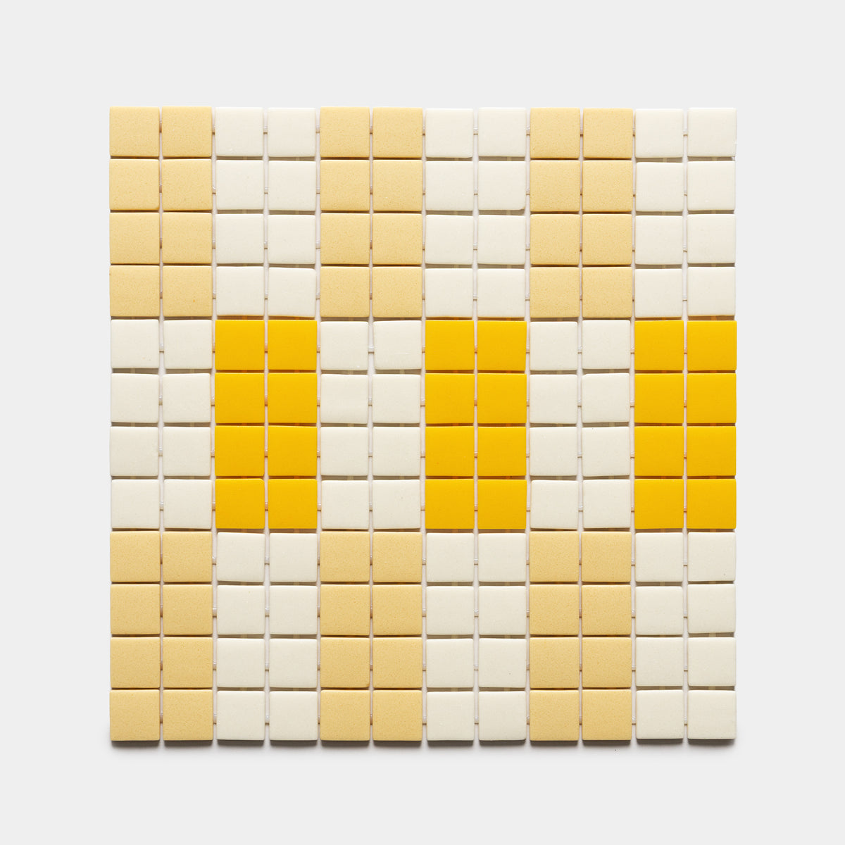 The Zia Tile d'Orsay Buttercup + Sesame + Canary Sample features a geometric grid of beige and yellow rectangular tiles, with vertical yellow stripes set among beige rows on a crisp white background.