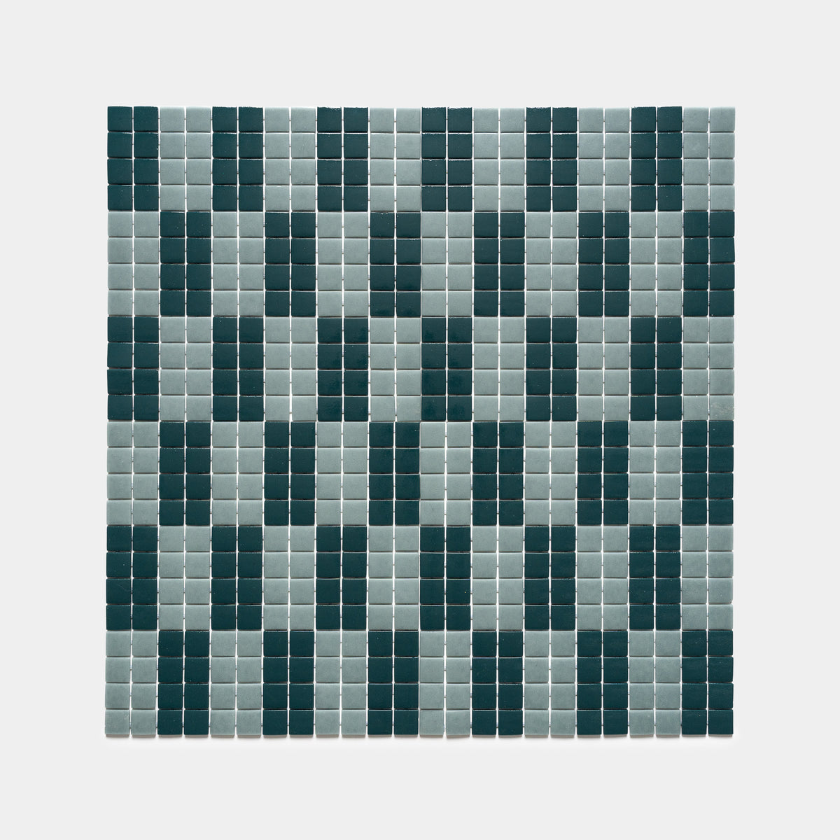 A grid of small square tiles from Zia Tile's d'Orsay Vespertine + Marine Layer forms alternating vertical stripes of dark green and light gray on white, creating a repeating pattern across the surface.