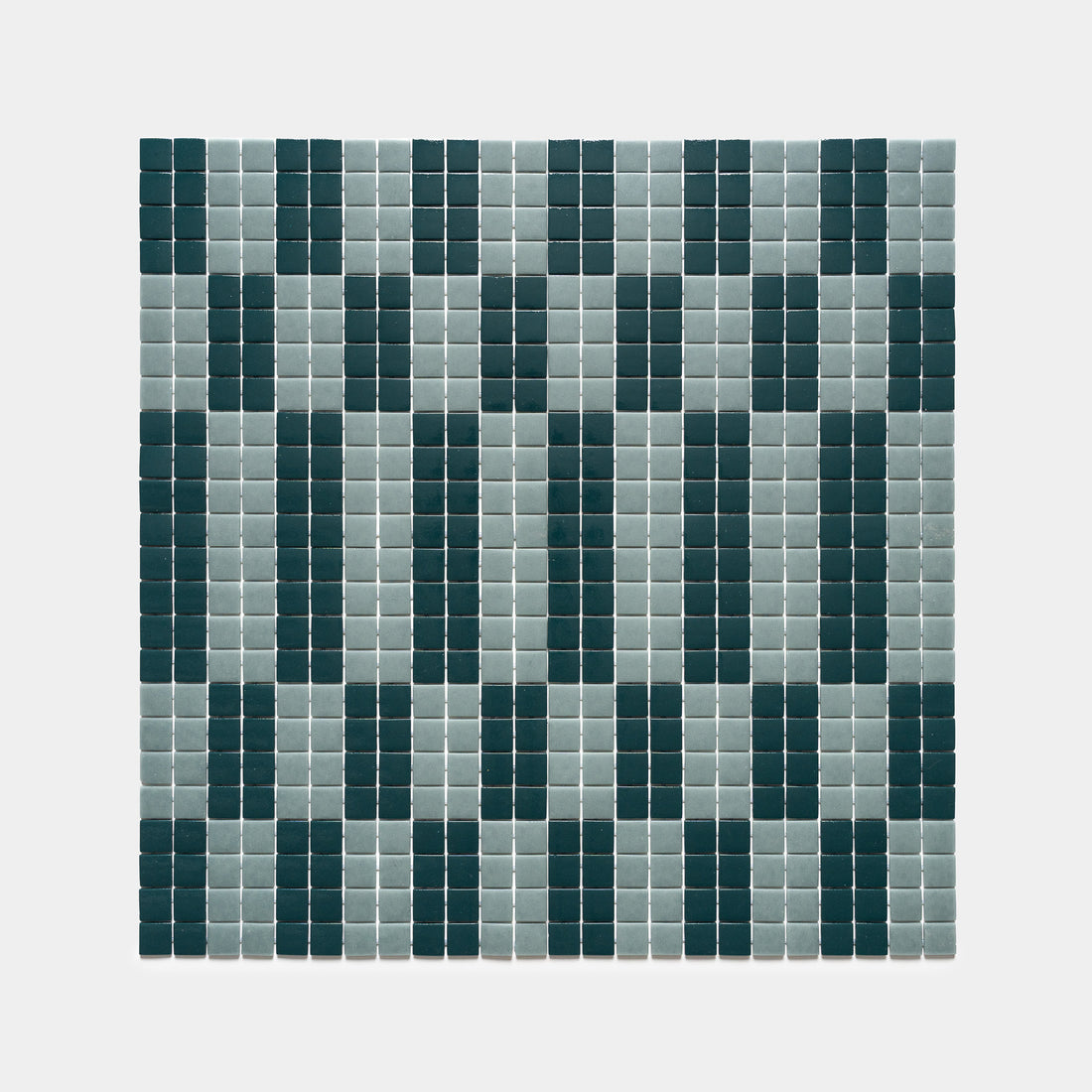 The d'Orsay Vespertine + Marine Layer by Zia Tile features a square grid of small tiles in alternating light gray and dark green, forming a geometric, mosaic pattern on a light background.